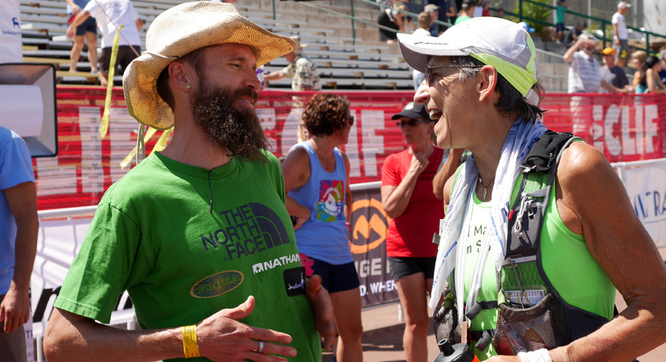 "Rob Krar and Gunhild Swanson at the finish of The Western States 100 Mile Endurance Run<!-- 2015-->"