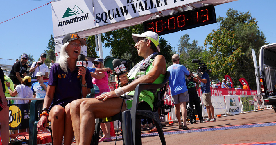 "Erin Beck interviewing Gunhild Swanson at the finish of the Western States 100 Mile Endurance Run<!-- 2015-->"